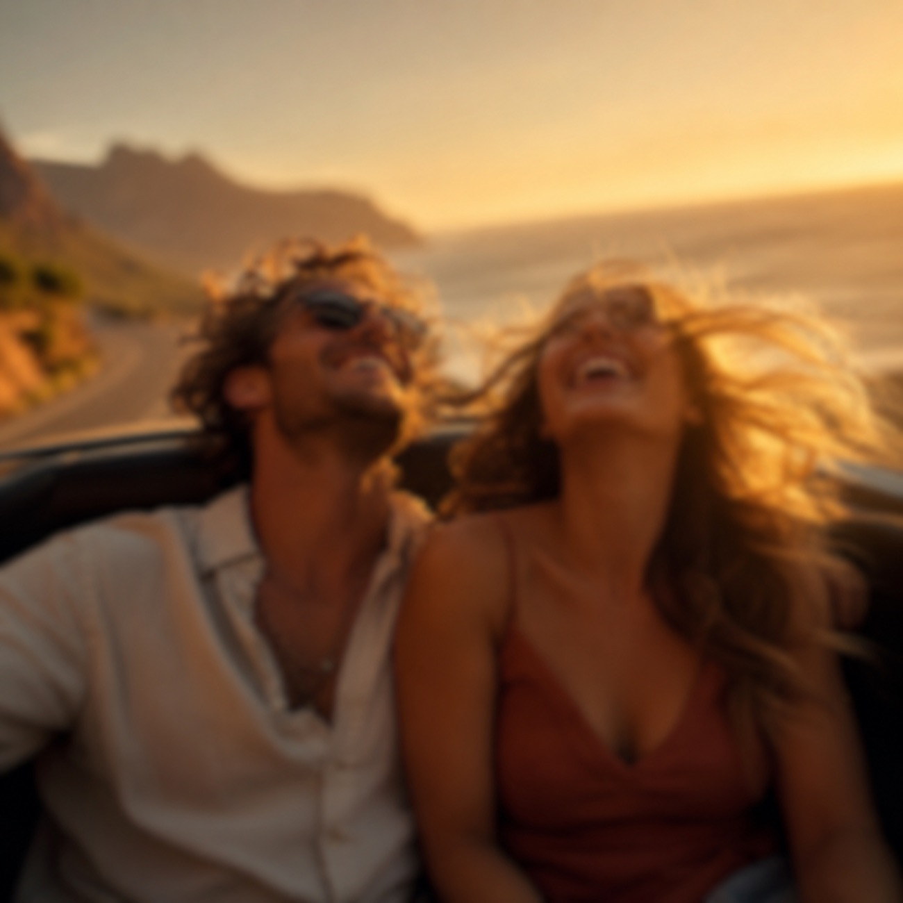 A couple driving an open-top car along the coast