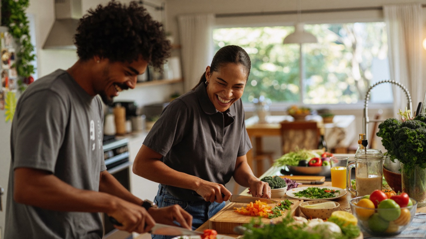 Two people cooking and laughing together in a kitchen