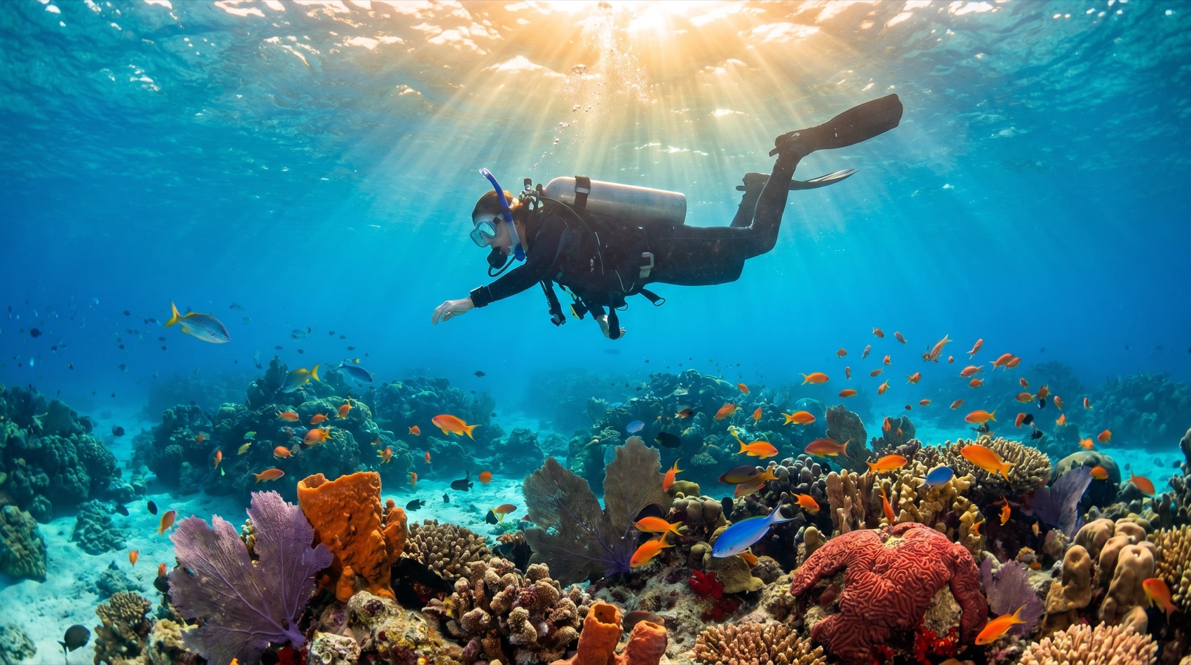 A scuba diver over a coral reef