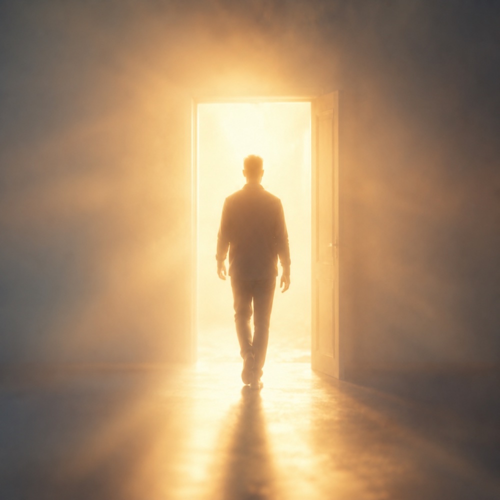 A figure walking through a glowing doorway into the light
