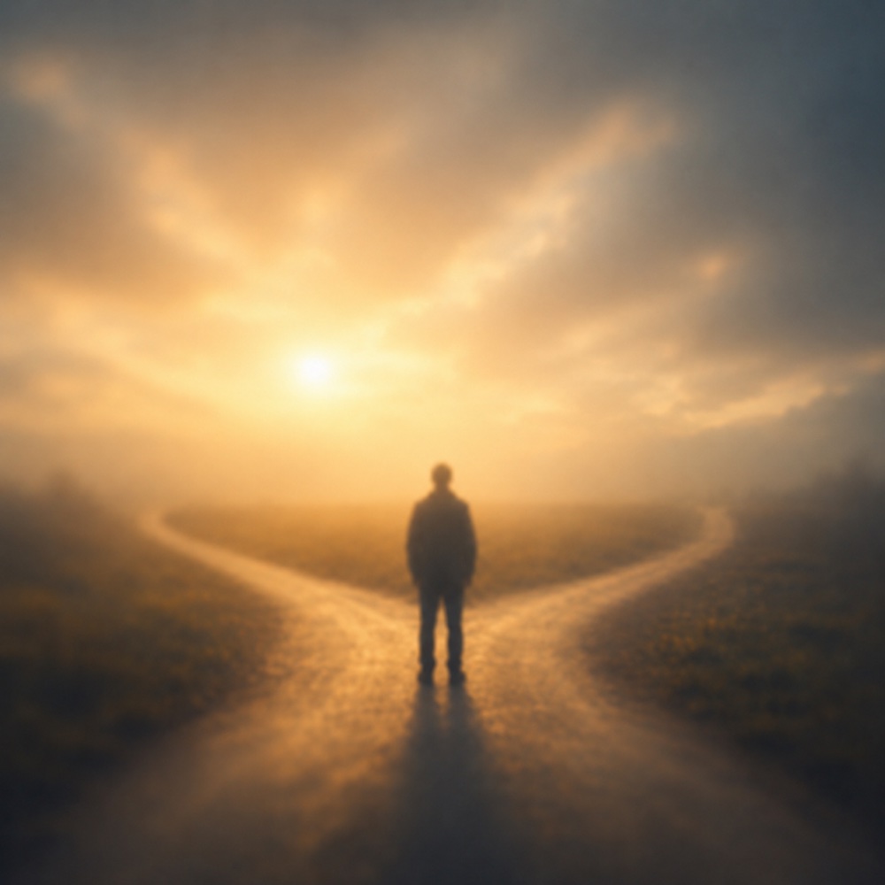 A figure standing where the path forks at sunrise